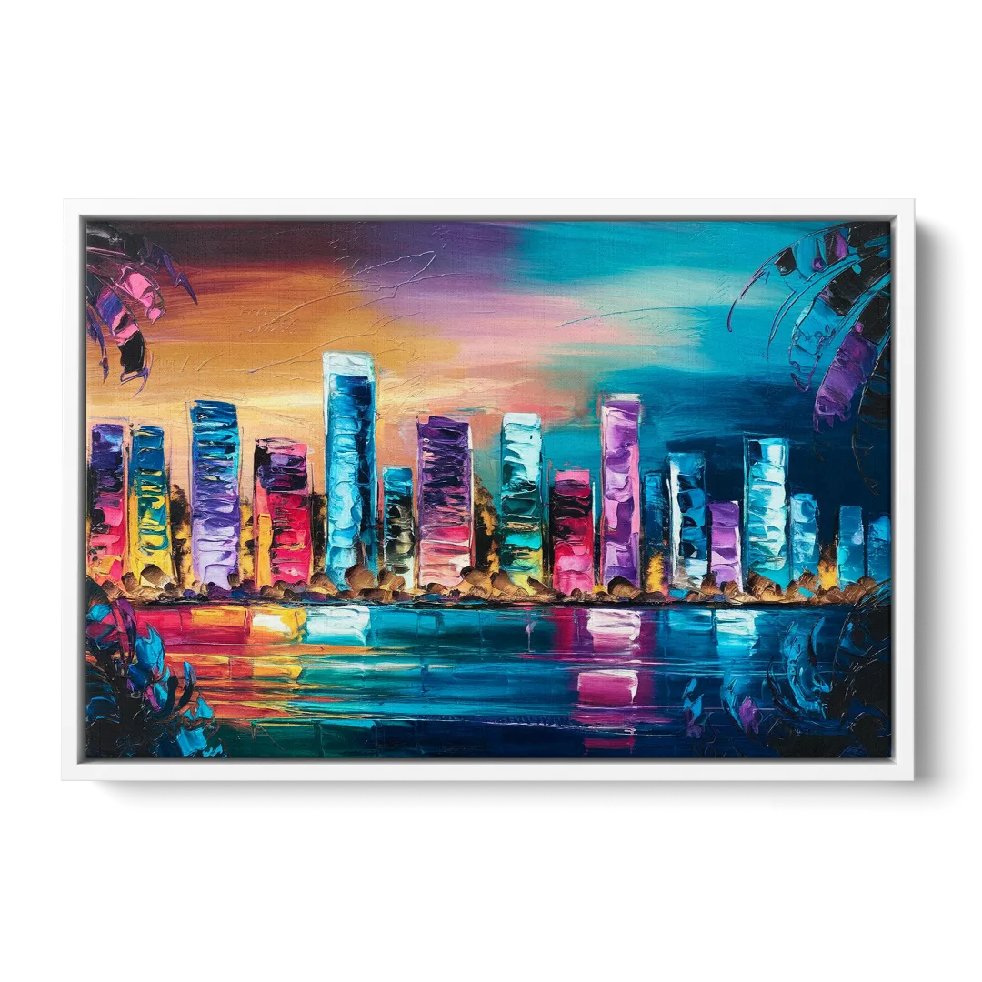 Miami Skyline Reflection - White Frame Canvas