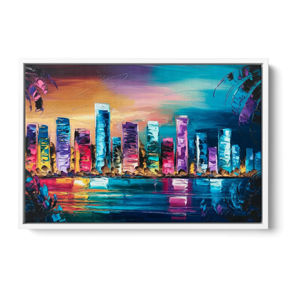 Miami Skyline Reflection - White Frame Canvas