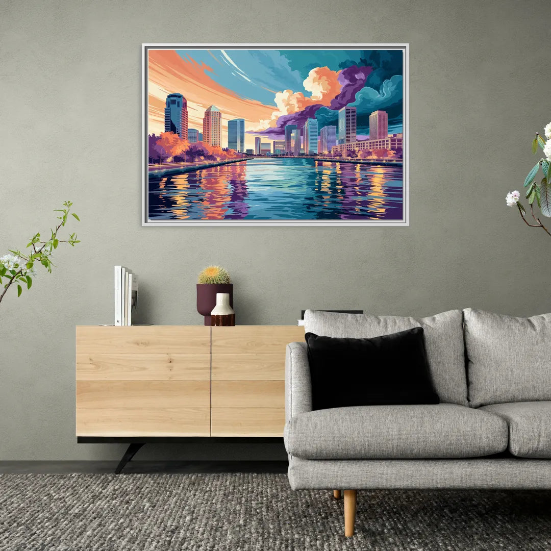 Tampa Bay Skyline Panorama - Living Room White Frame Canvas