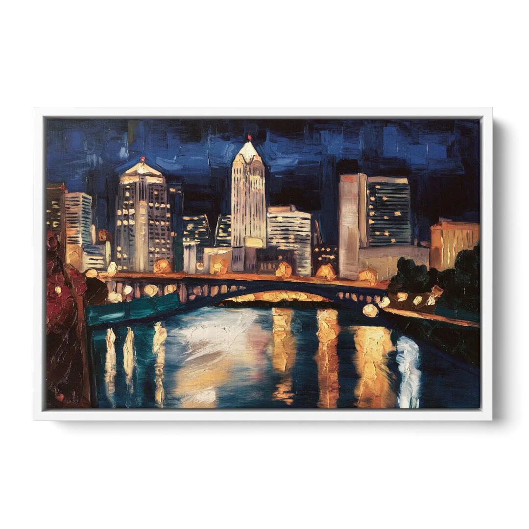 Columbus Nighttime Skyline - White Frame Canvas