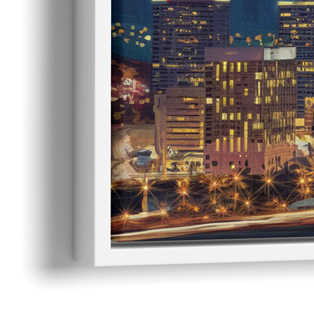 Denver Skyline At Dusk - Close-Up White Frame Canvas