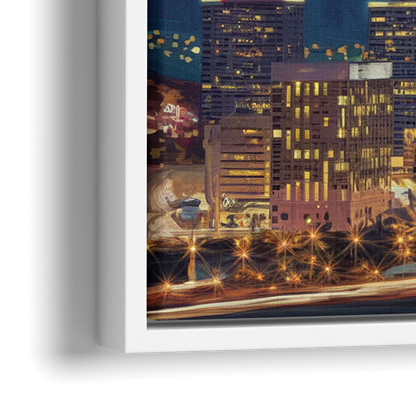 Denver Skyline At Dusk - Close-Up White Frame Canvas