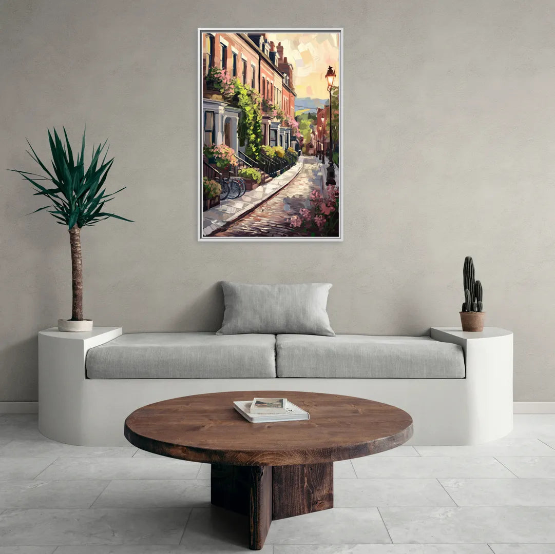 Rochester Cobblestone Streets - Living Room White Frame Canvas