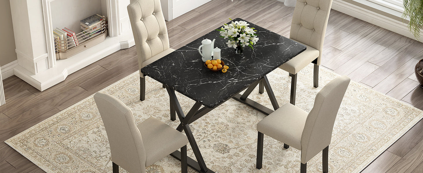 5-Piece Solid Wood Dining Set with Faux Marble Top – Sleek & Elegant