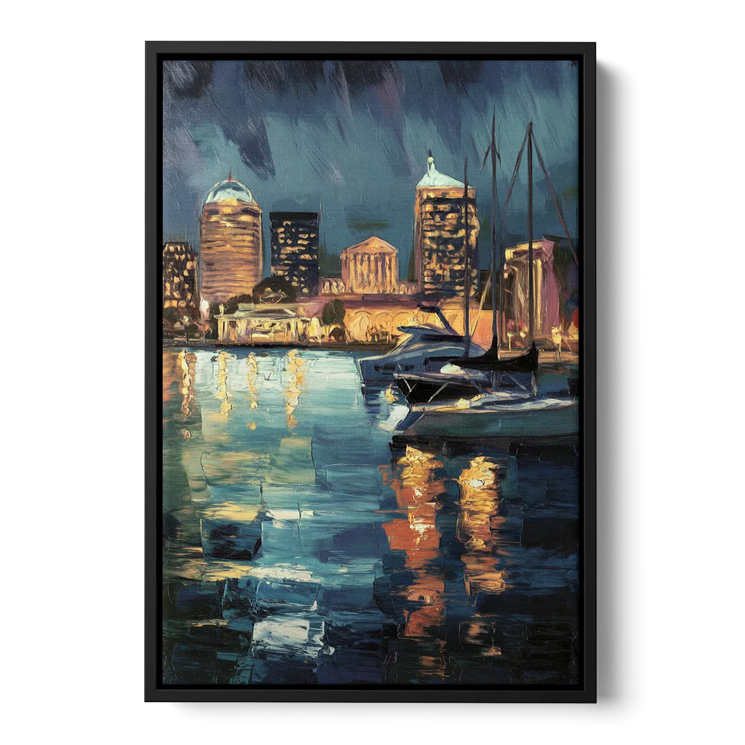 Baltimore Harbor Nightscape - Black Frame Canvas