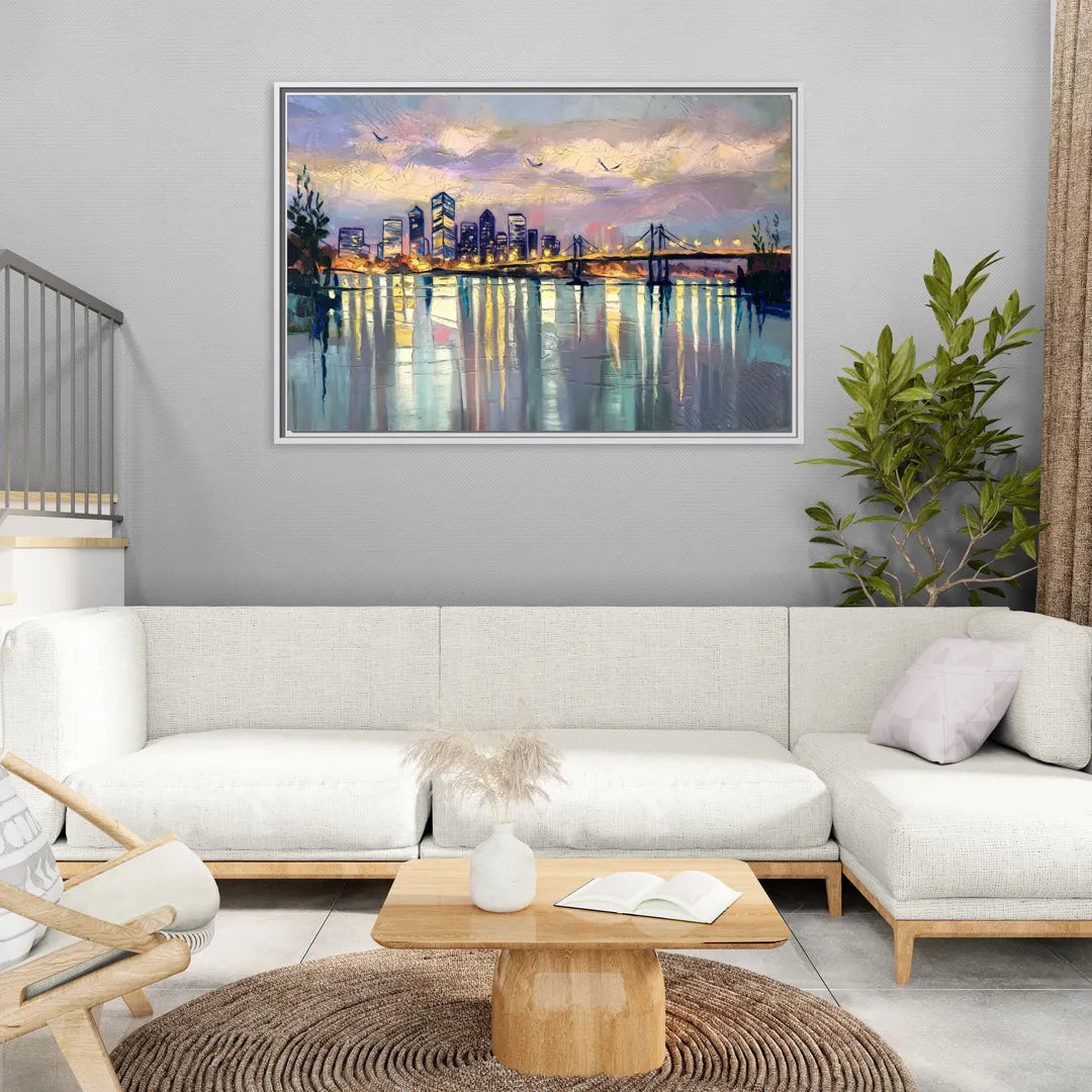Portland Waterfront Reflection - Living Room White Frame Canvas