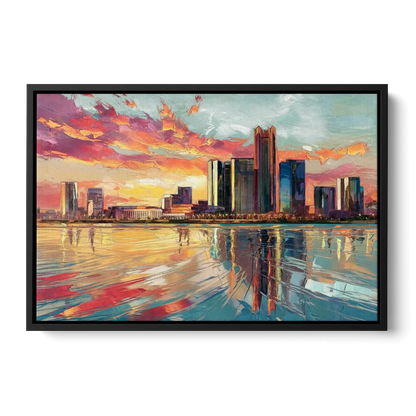 Detroit Skyline At Sunset - Black Frame Canvas
