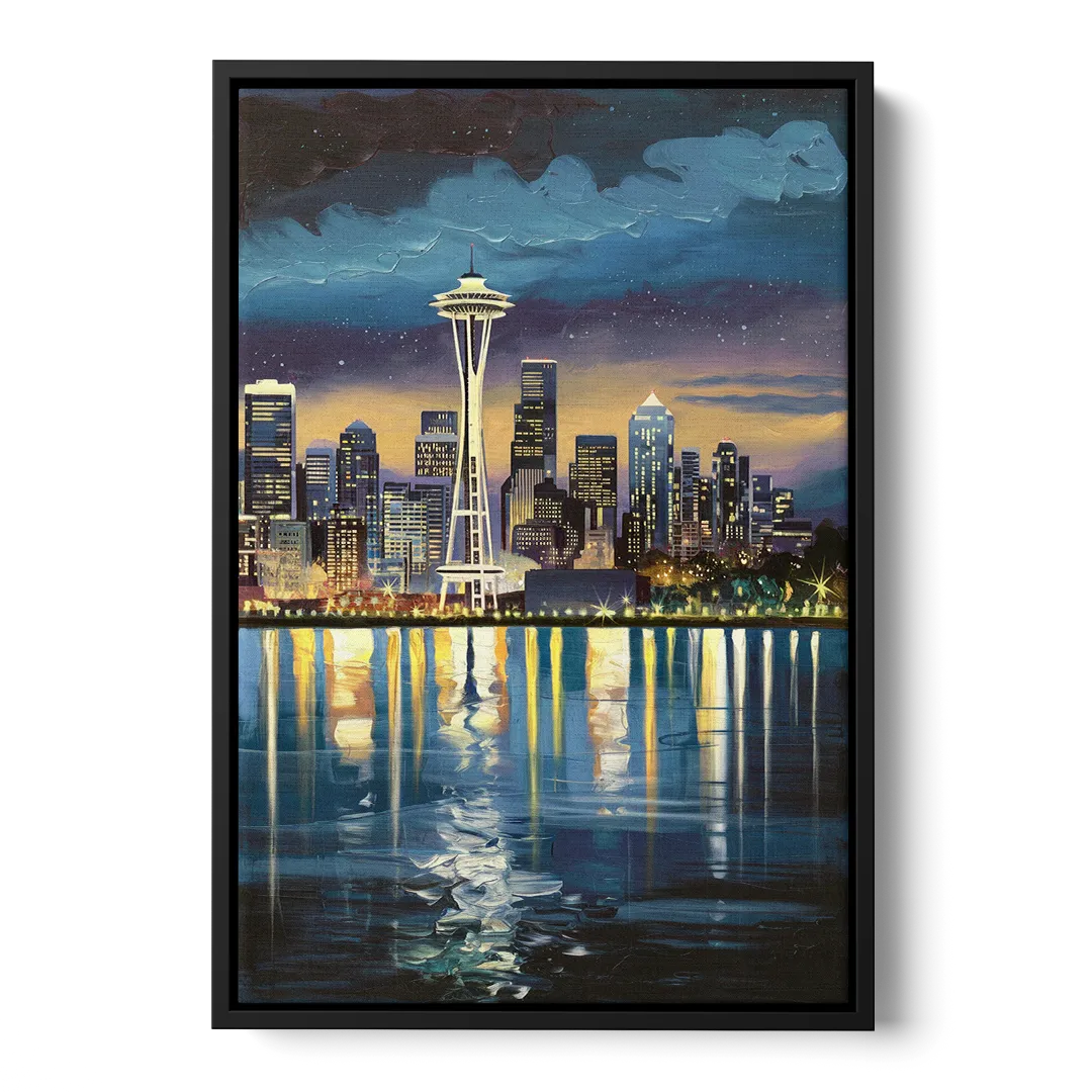 Seattle Skyline Reflection - Black Frame Canvas