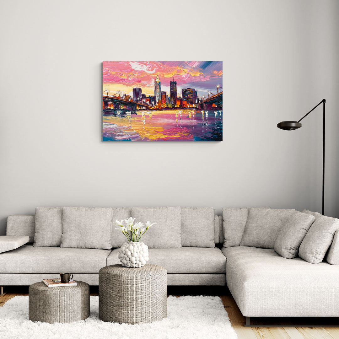 Cleveland Skyline At Sunset - Canvas Wall Art Living Room