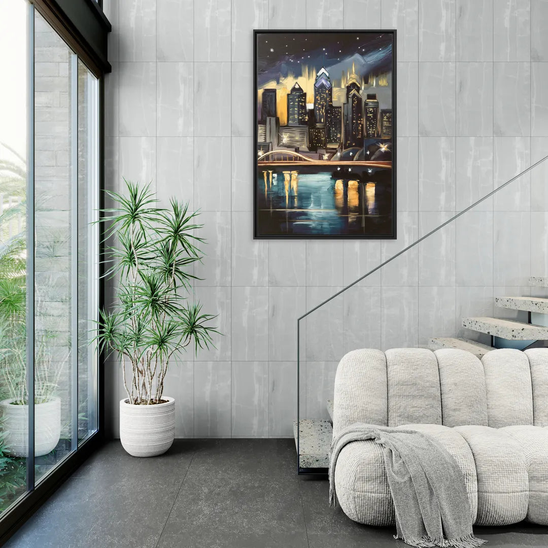 Philadelphia Skyline at Night - Living Room Black Frame Canvas