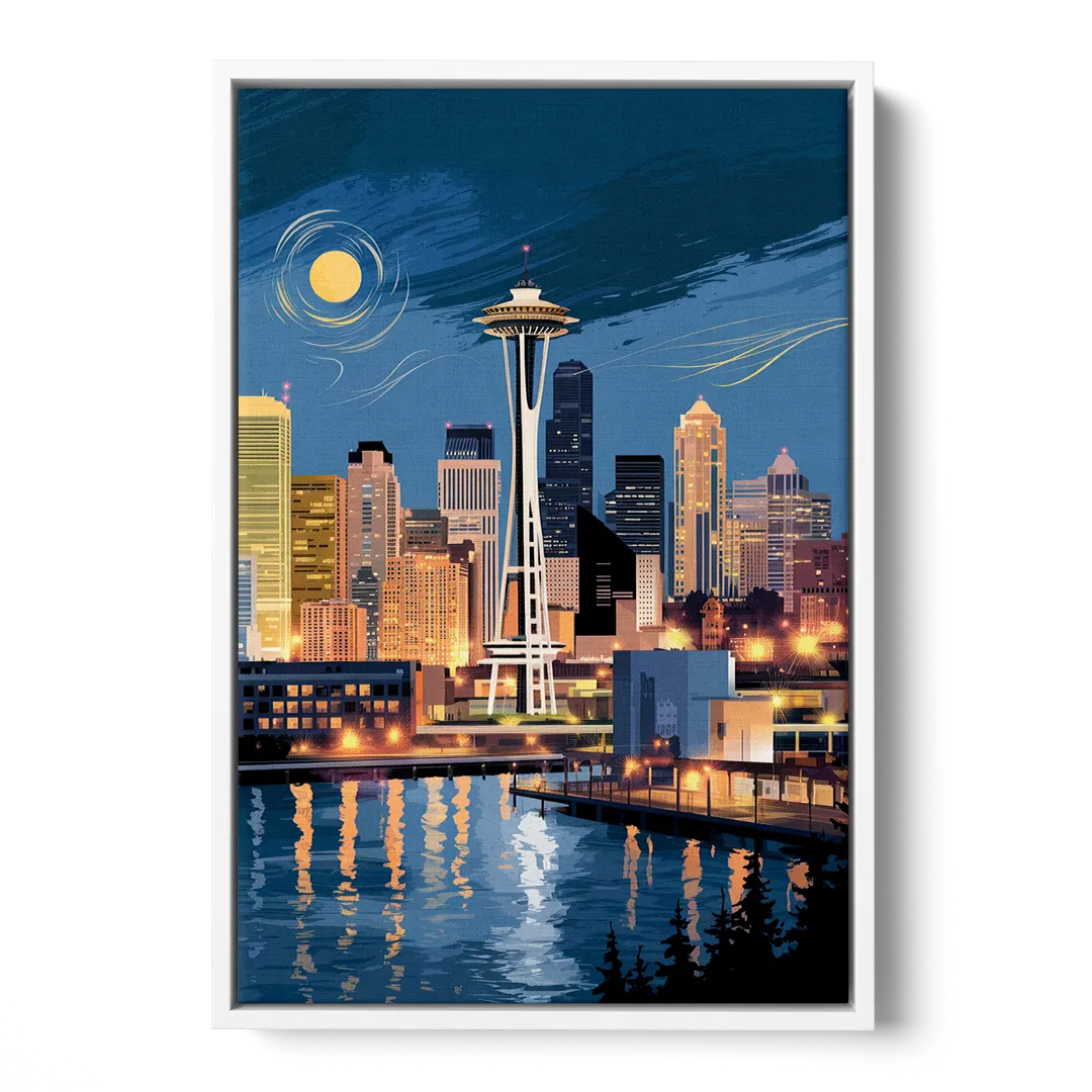 Seattle Nightscape - White Frame Canvas
