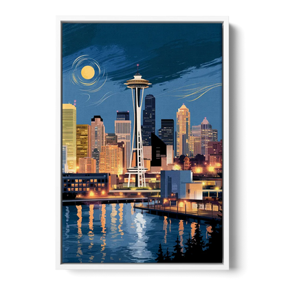 Seattle Nightscape - White Frame Canvas