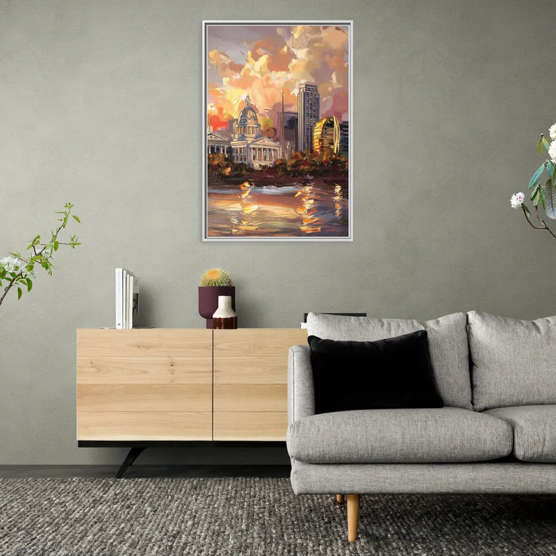 Little Rock Skyline at Sunset - Living Room White Frame Canvas
