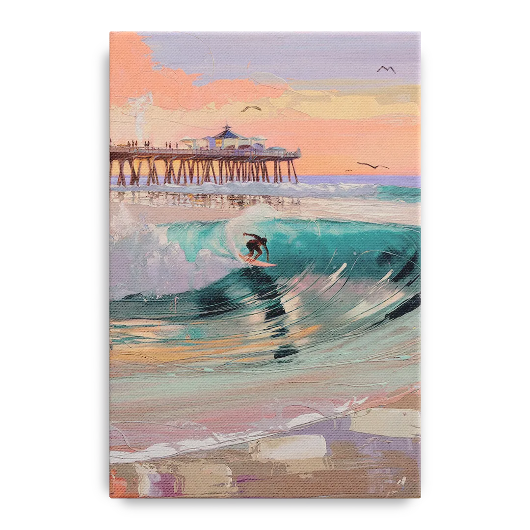 Huntington Beach Surfing Scene - Canvas Wall Art