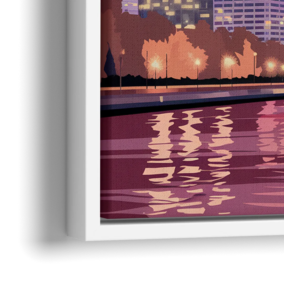Burlington Skyline At Sunset - Close-Up White Frame Canvas