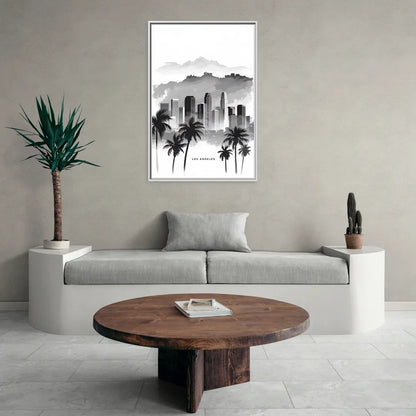Los Angeles Black and White Cityscape - Living Room White Frame Canvas