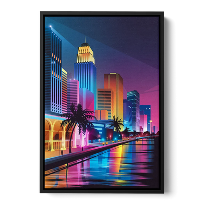 Miami Cityscape by Night - Black Frame Canvas