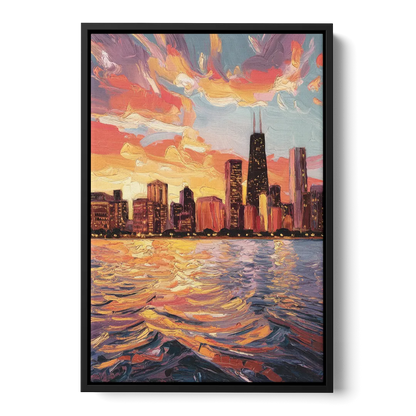 Chicago Sunset Over the Lake - Black Frame Canvas