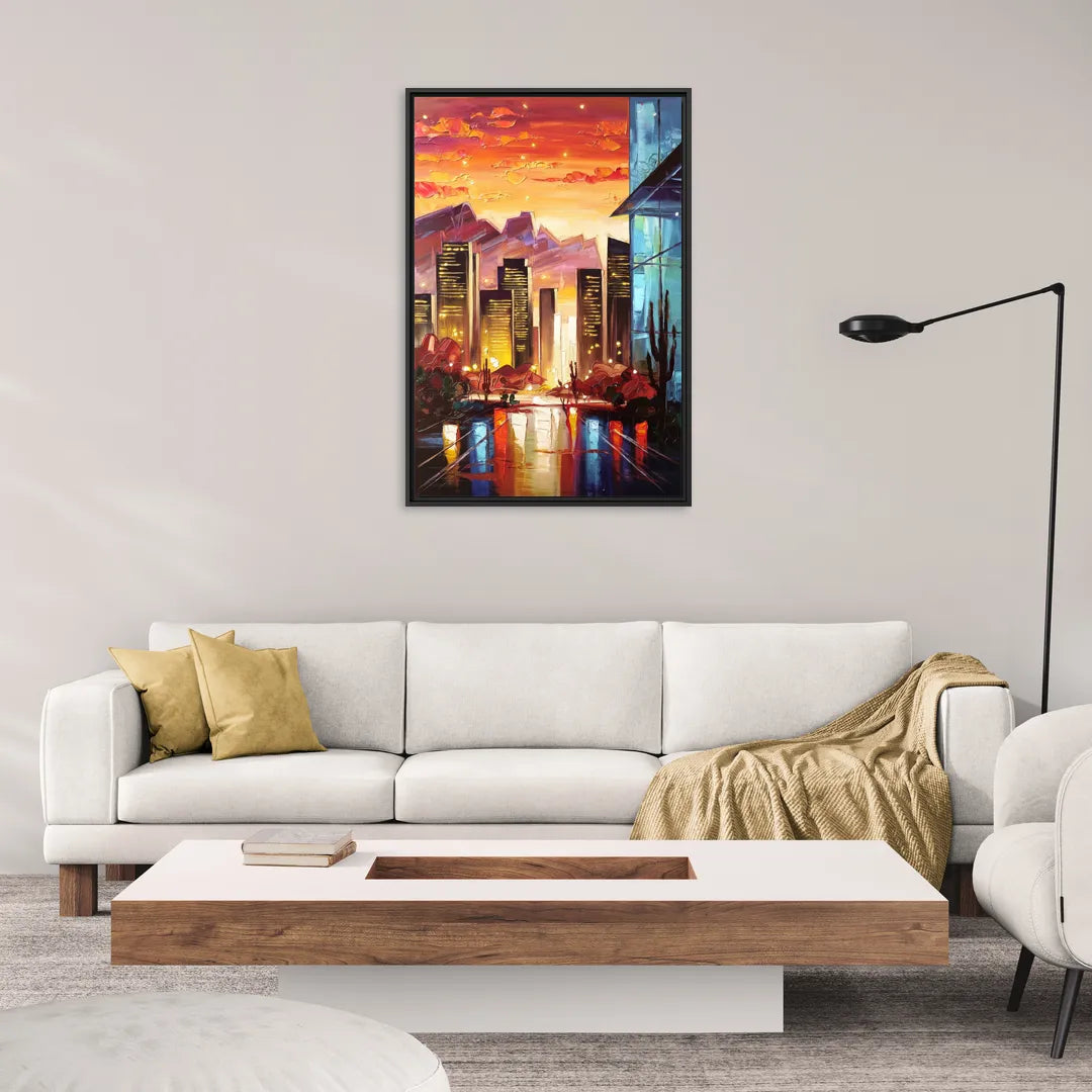 Phoenix Sunsets Over the City - Living Room Black Frame Canvas