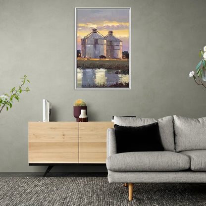 Buffalo Grain Silos at Dusk - Living Room White Frame Canvas