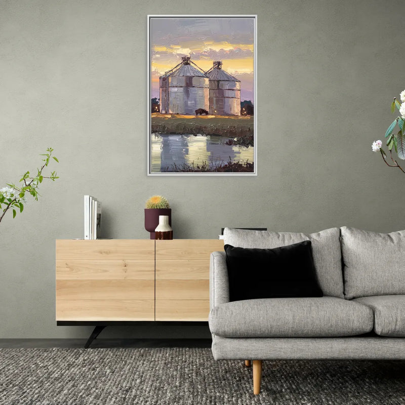 Buffalo Grain Silos at Dusk - Living Room White Frame Canvas