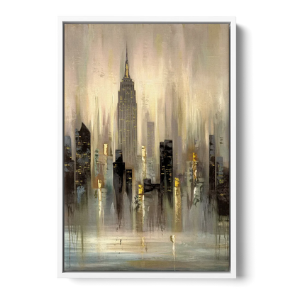 New York City Skyline in Fog - White Frame Canvas