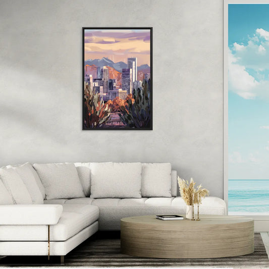 Denver Downtown Panorama - Living Room Black Frame Canvas