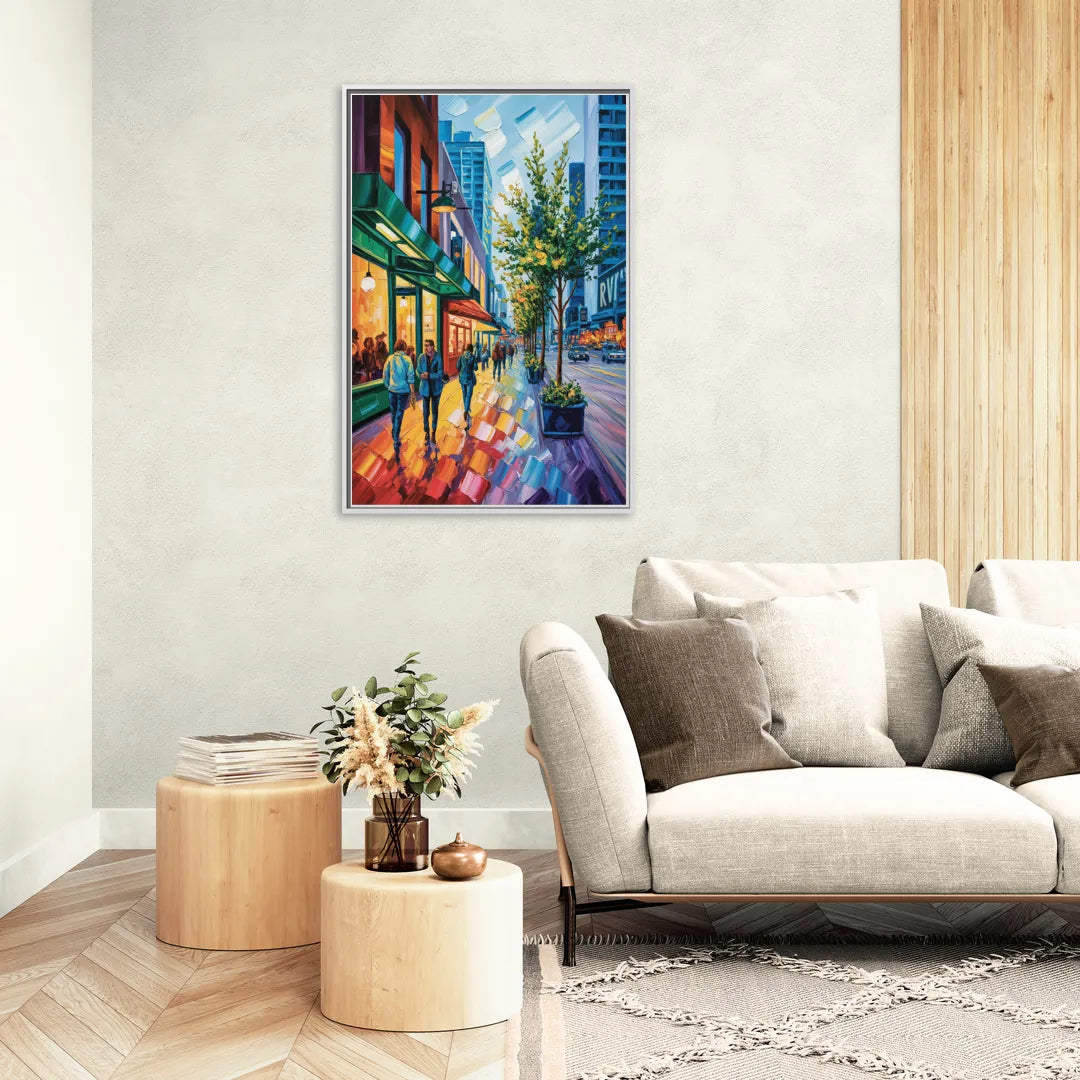 Robson Street Vancouver - Living Room White Frame Canvas