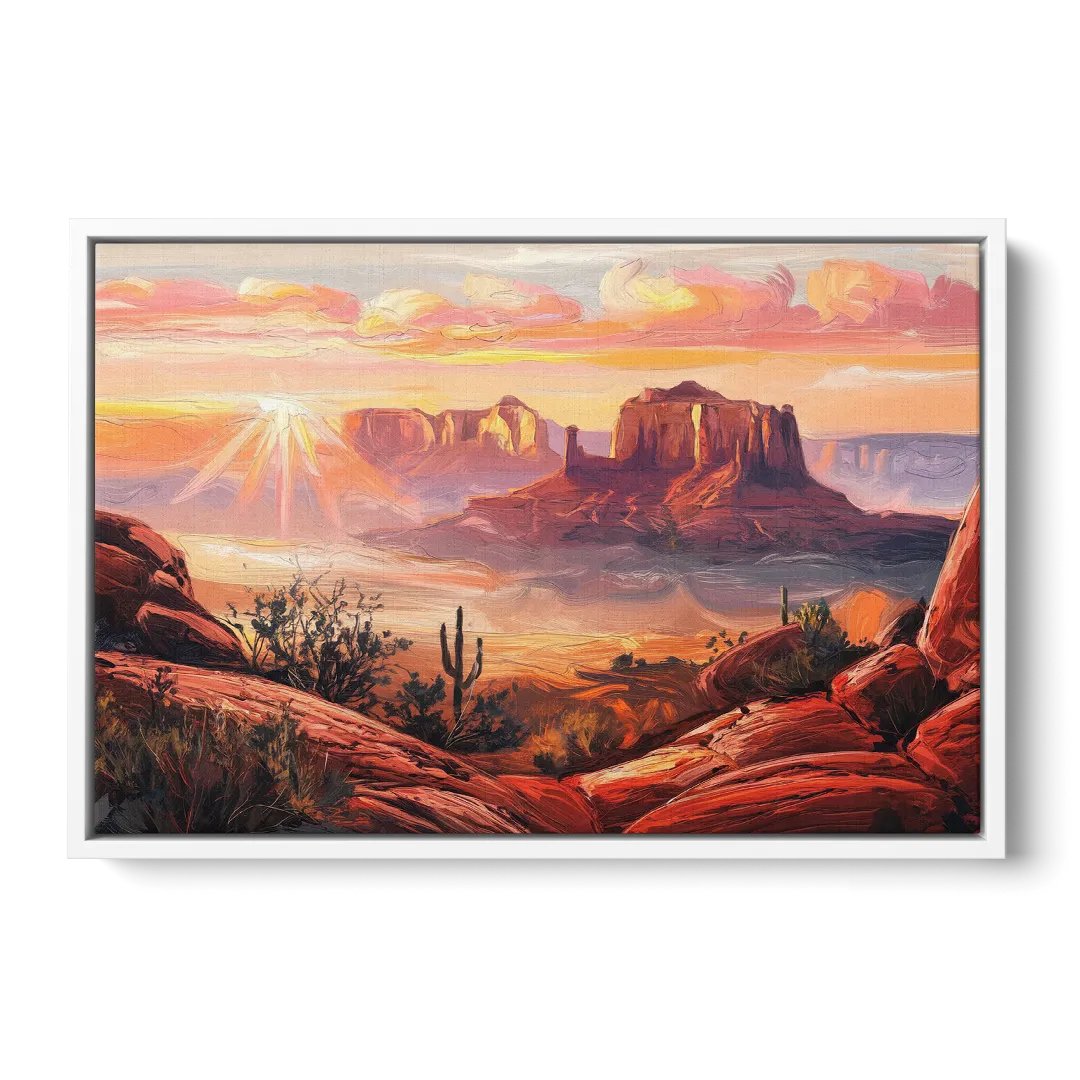 Sedona Sunrise Over Mesa - White Frame Canvas