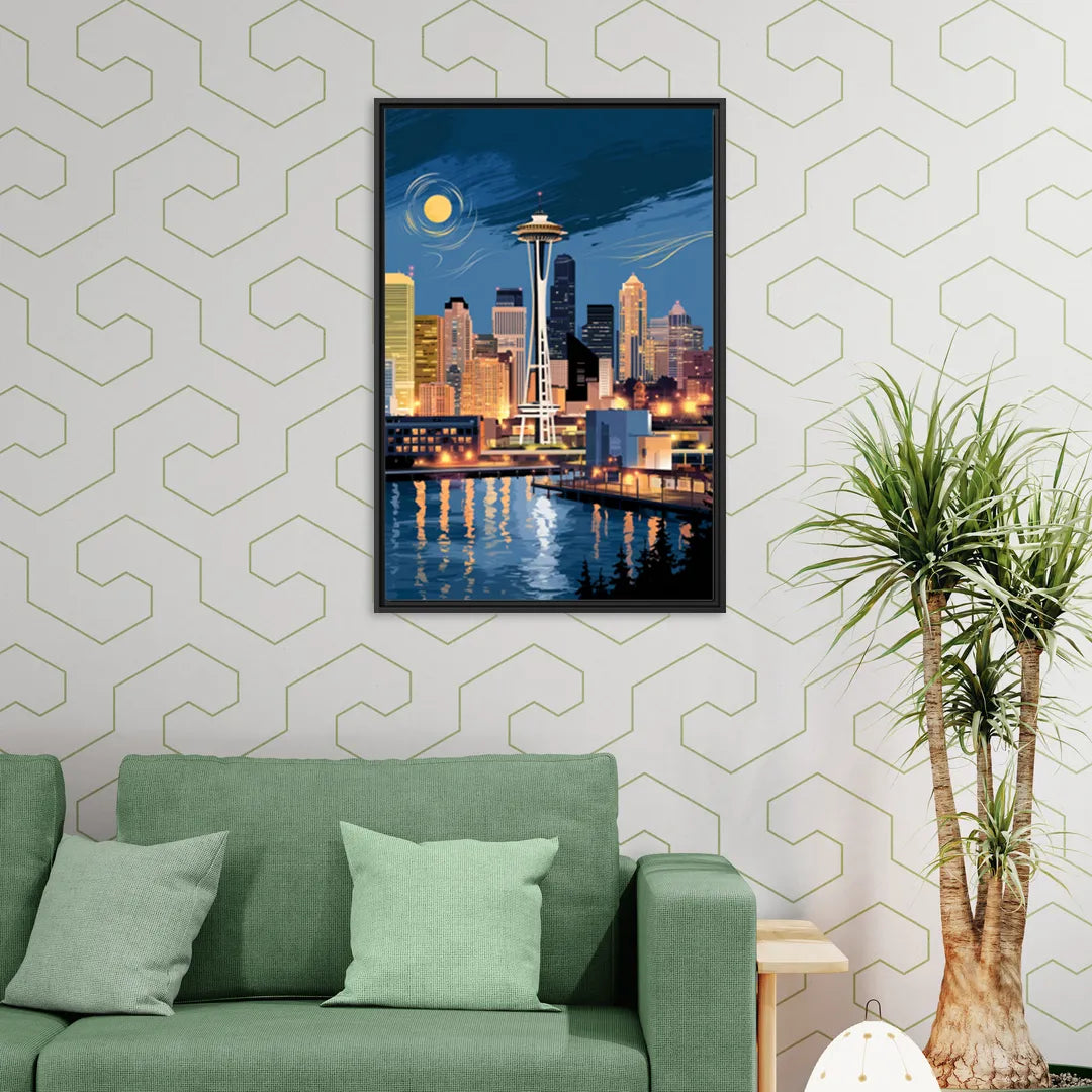 Seattle Nightscape - Living Room Black Frame Canvas