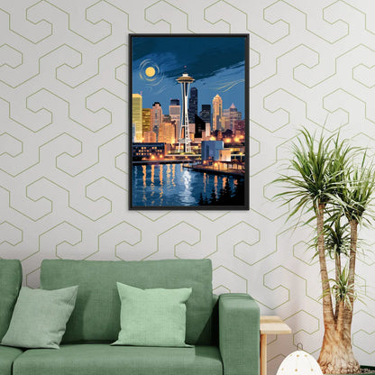 Seattle Nightscape - Living Room Black Frame Canvas