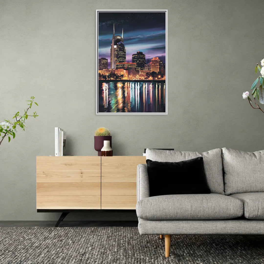 Nashville Cityscape at Night - Living Room White Frame Canvas