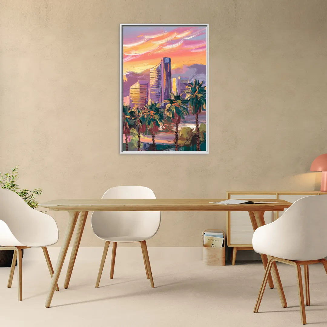 Corona Skyline Sunset - Living Room White Frame Canvas