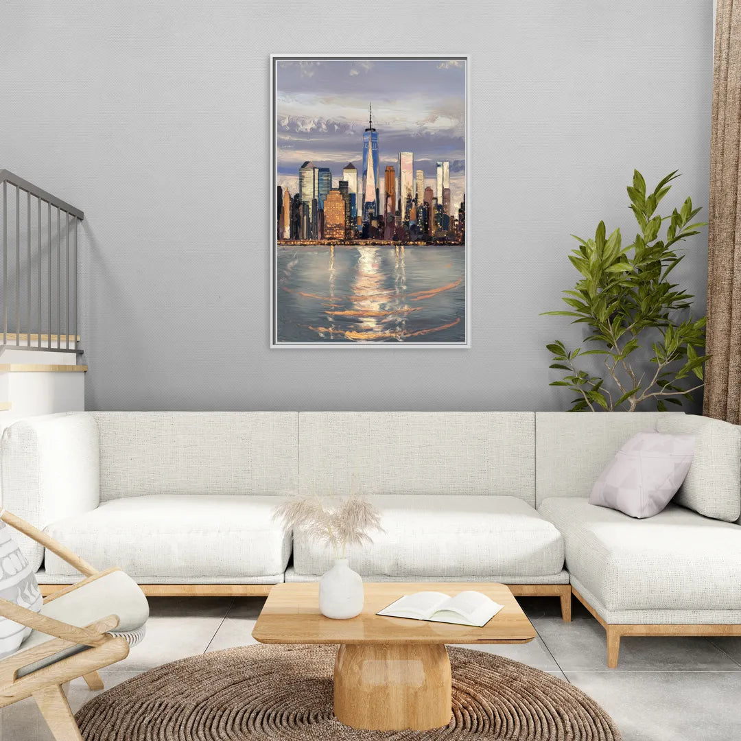 New York City Skyline Reflection - Living Room White Frame Canvas