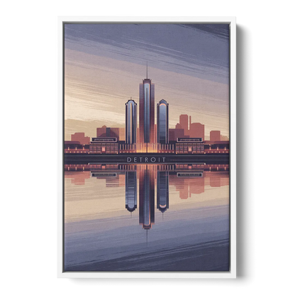 Detroit Skyline Reflections - White Frame Canvas
