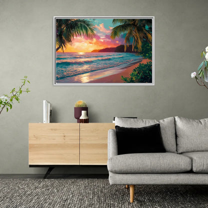 Myrtle Beach Waves And Palms - Living Room White Frame Canvas