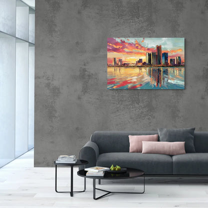 Detroit Skyline At Sunset - Canvas Wall Art Living Room