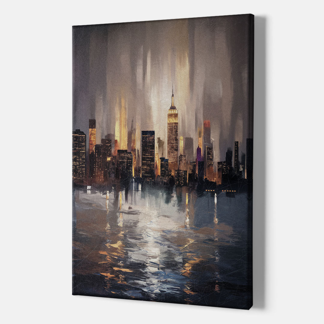 New York City Foggy Skyline Contrast Night - Canvas Wall Art Indoor