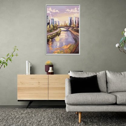 Riverside Urban Landscape - Living Room White Frame Canvas
