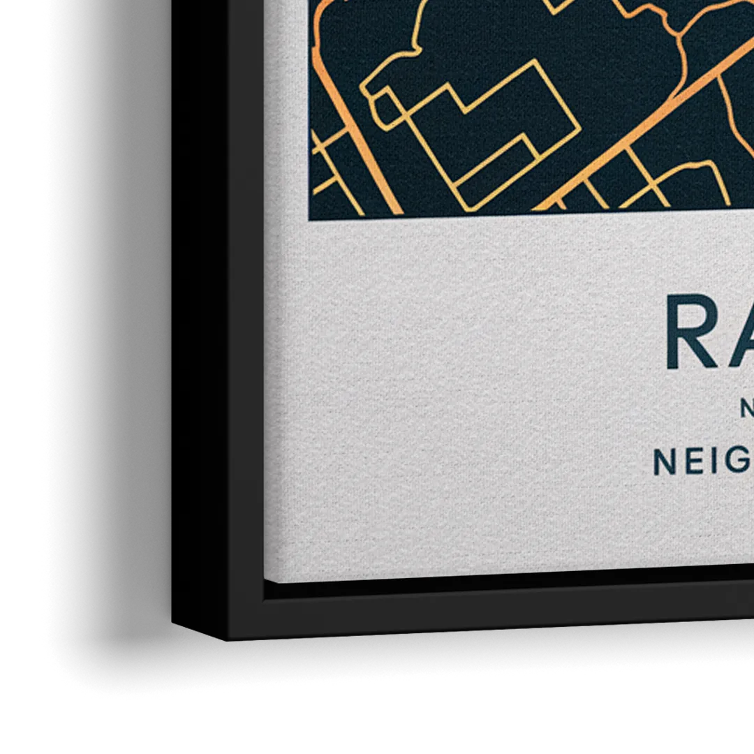Raleigh Neighborhood Map - Close-Up Black Frame Canvas