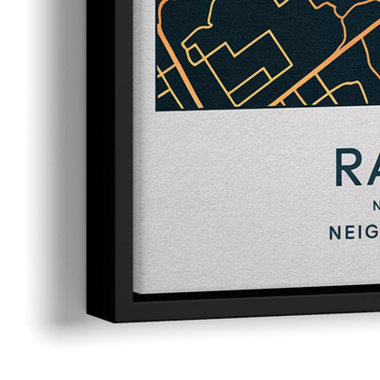 Raleigh Neighborhood Map - Close-Up Black Frame Canvas