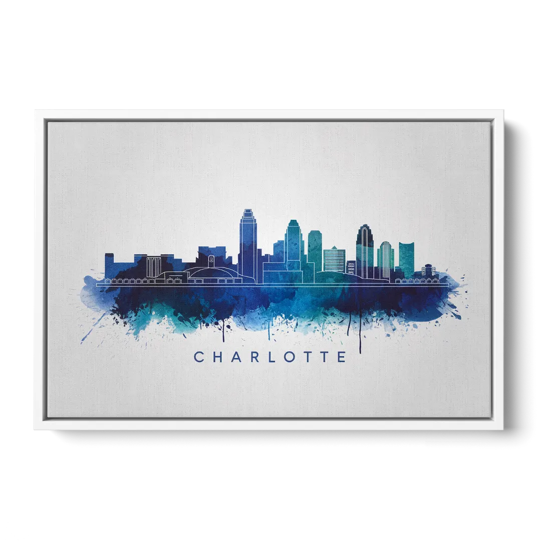 Charlotte Skyline With Blue Tones - White Frame Canvas