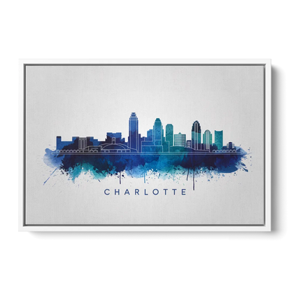 Charlotte Skyline With Blue Tones - White Frame Canvas