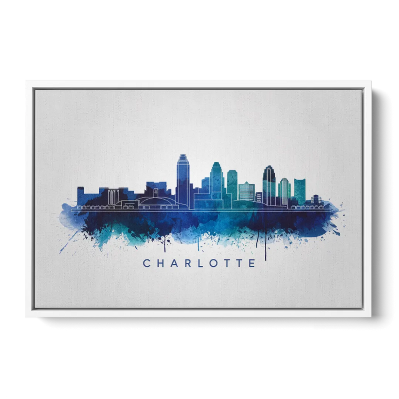 Charlotte Skyline With Blue Tones - White Frame Canvas