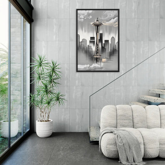 Seattle Space Needle Silhouette - Living Room Black Frame Canvas