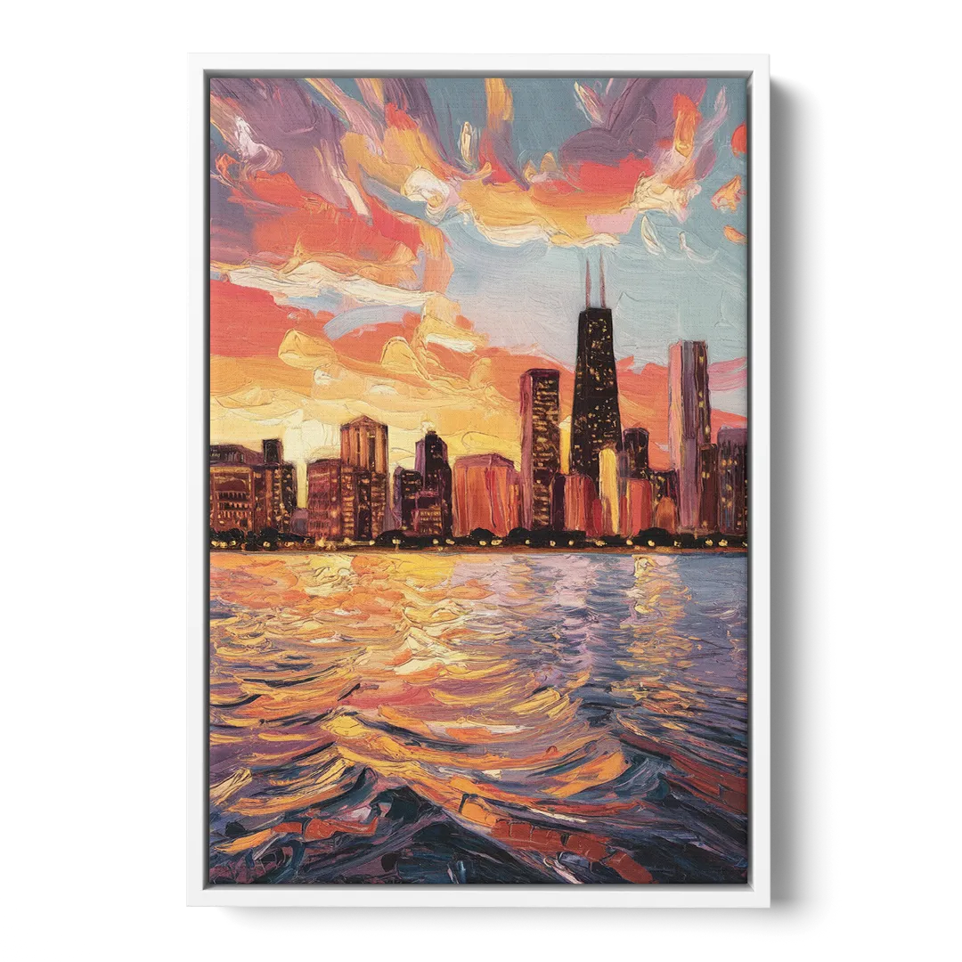 Chicago Sunset Over the Lake - White Frame Canvas
