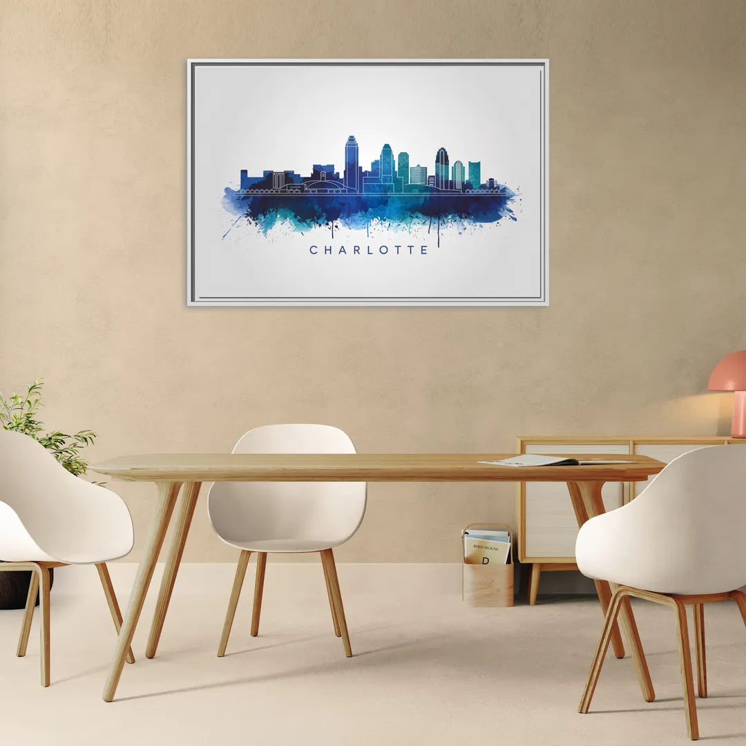 Charlotte Skyline With Blue Tones - Living Room White Frame Canvas
