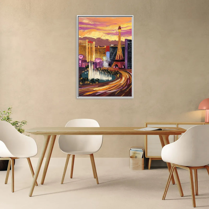 Las Vegas Skyline at Sunset - Living Room White Frame Canvas