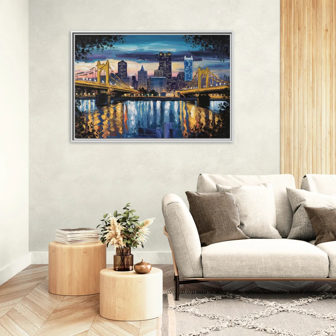 Pittsburgh Downtown Lights at Night - Living Room White Frame Canvas