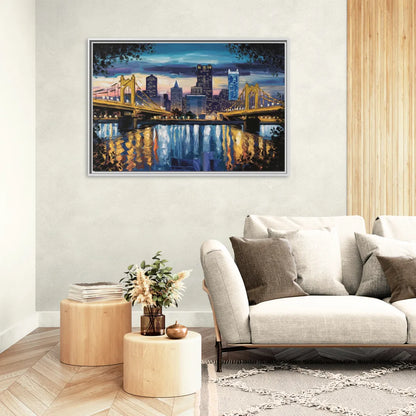 Pittsburgh Downtown Lights at Night - Living Room White Frame Canvas